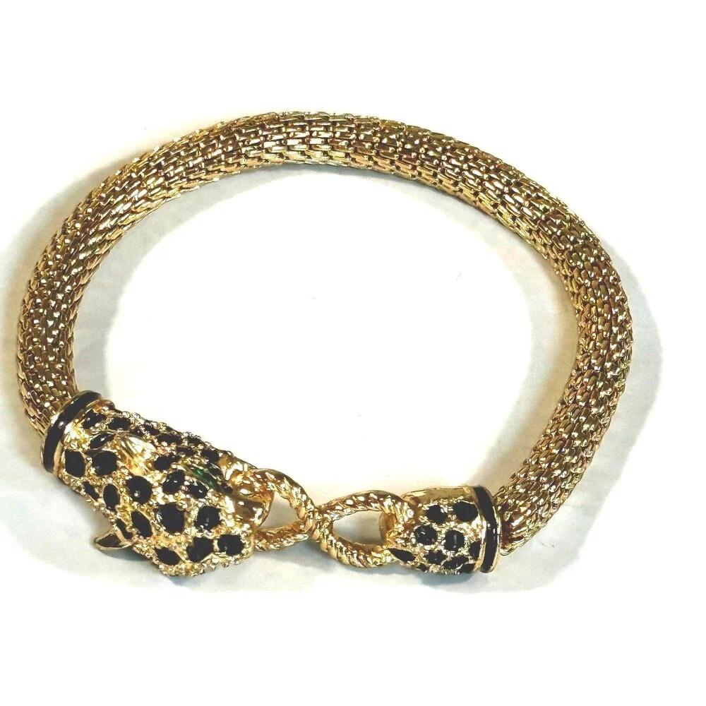 Vintage Double Leopard Panther Mesh Bracelet Green Eyes Gold Tone Statement